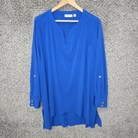 Susan Graver Top Womens Petite Plus 22WP Blue Tunic V‎ Neck Roll Tab Sleeve - Picture 1 of 7